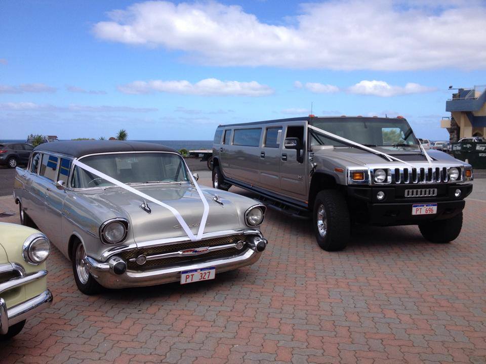 H2 Stretch Hummer and Vintage Chevy wedding transport margaret river
